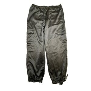 Time & Tru Womens Black Satin Cargo Jogger Pants Size L 12-14 High Rise Utility